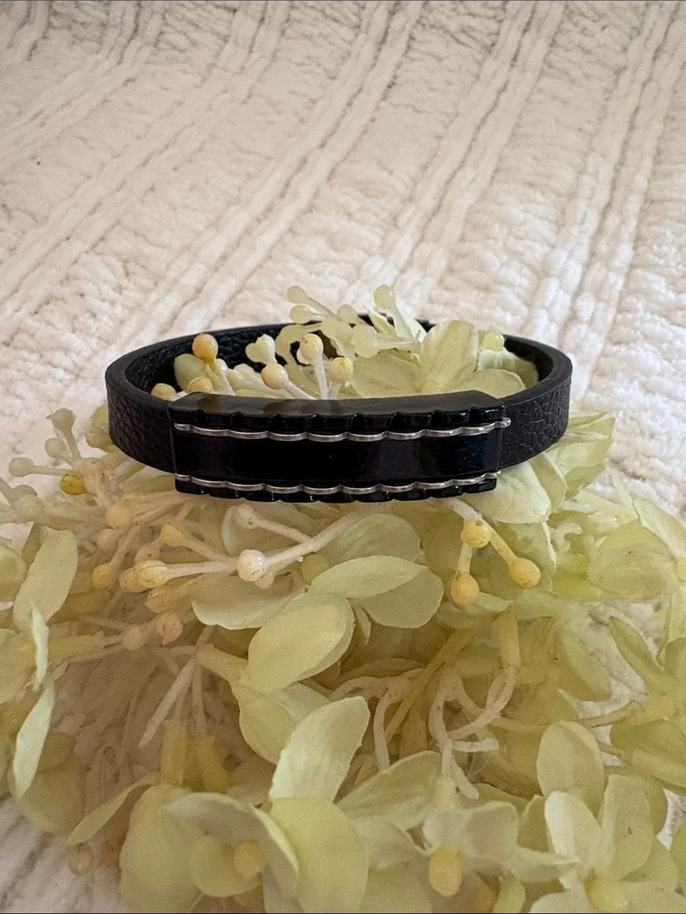 Men's Black Leather Bracelet with Stainless Accent